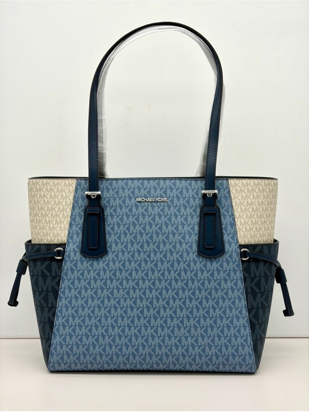 Michael Kors Voyager Large Color-Block Signature Logo Tote Shoulder Bag Denim